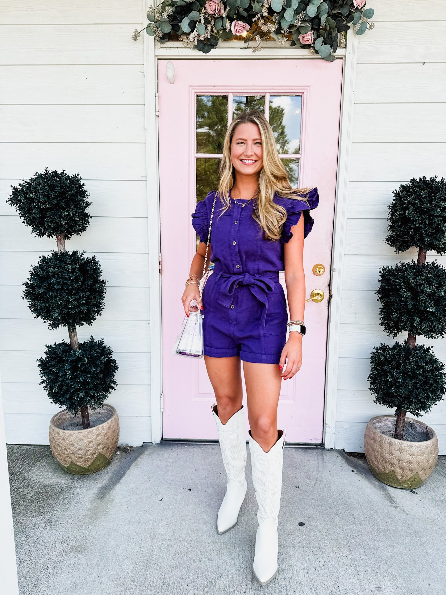Game Day Ready Denim Belted Romper - Purple
