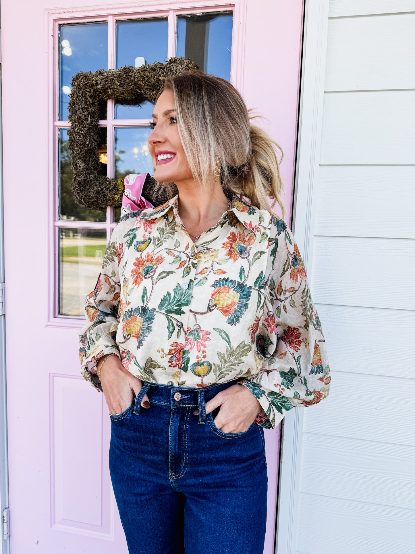 Colors Of The Wind Floral Button Down Top - Ecru