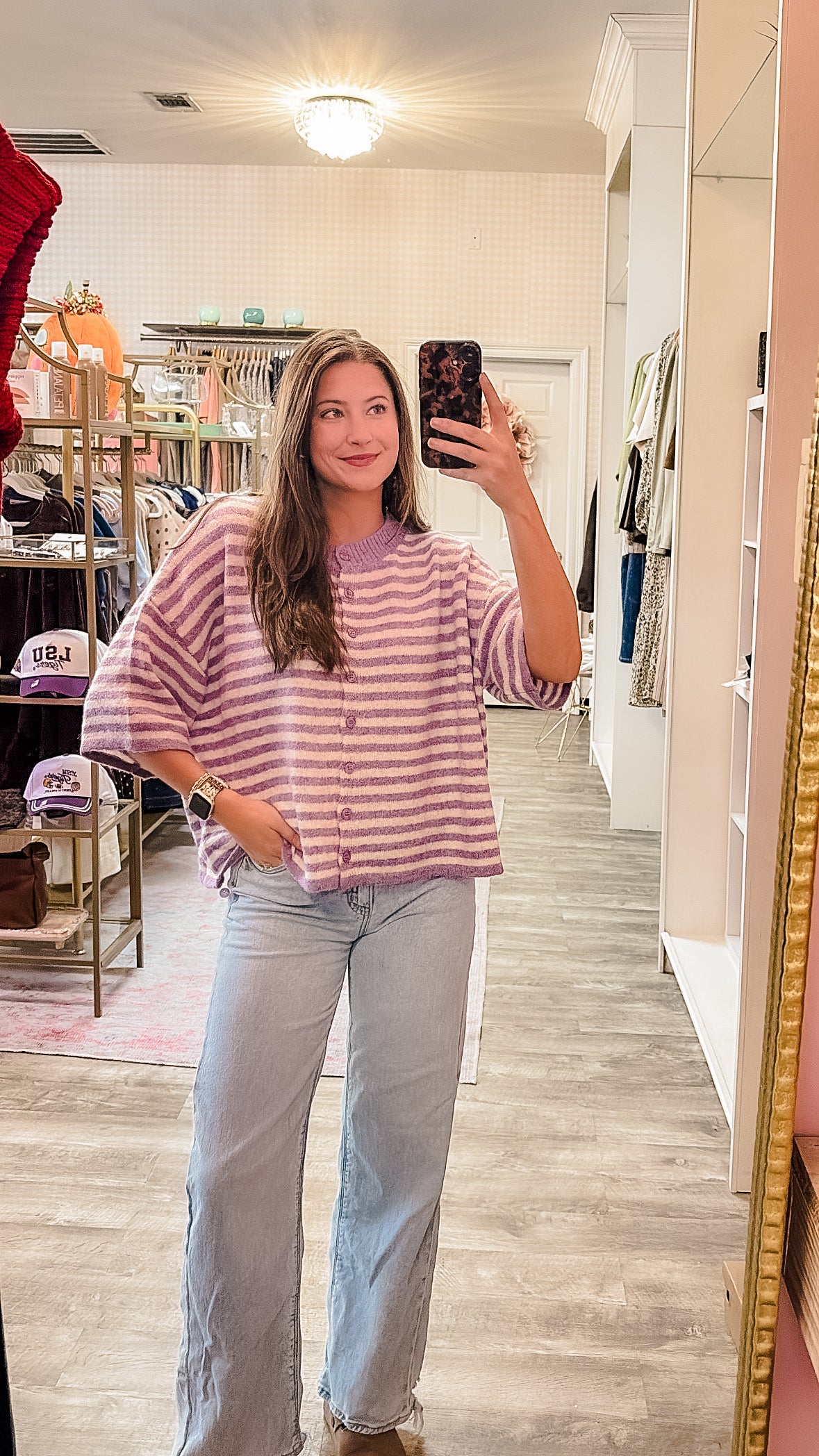 Major News Striped Half Sleeve Cardigan Sweater - Violet