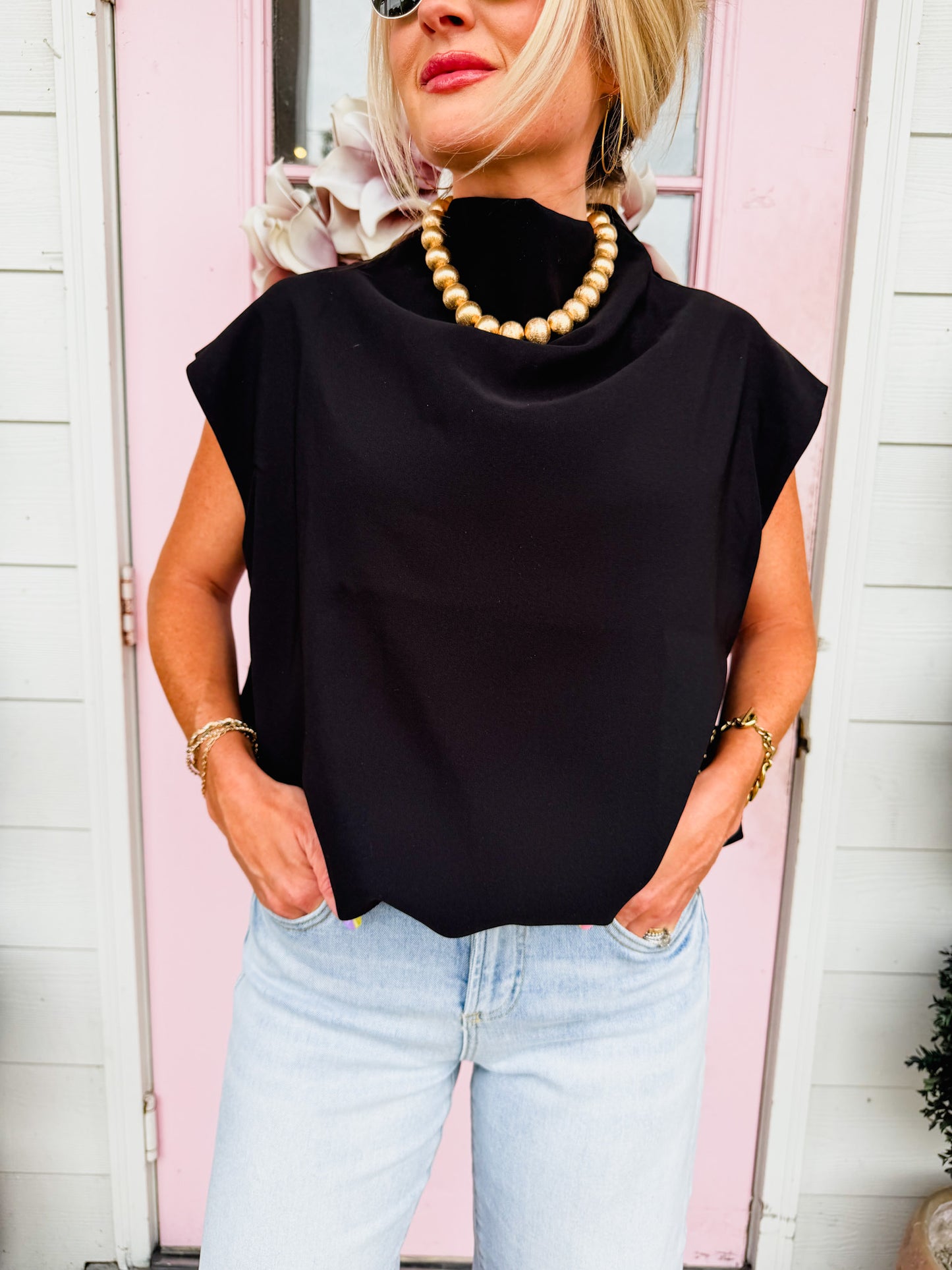 Day Dream Mock Neck Balloon Top - Black