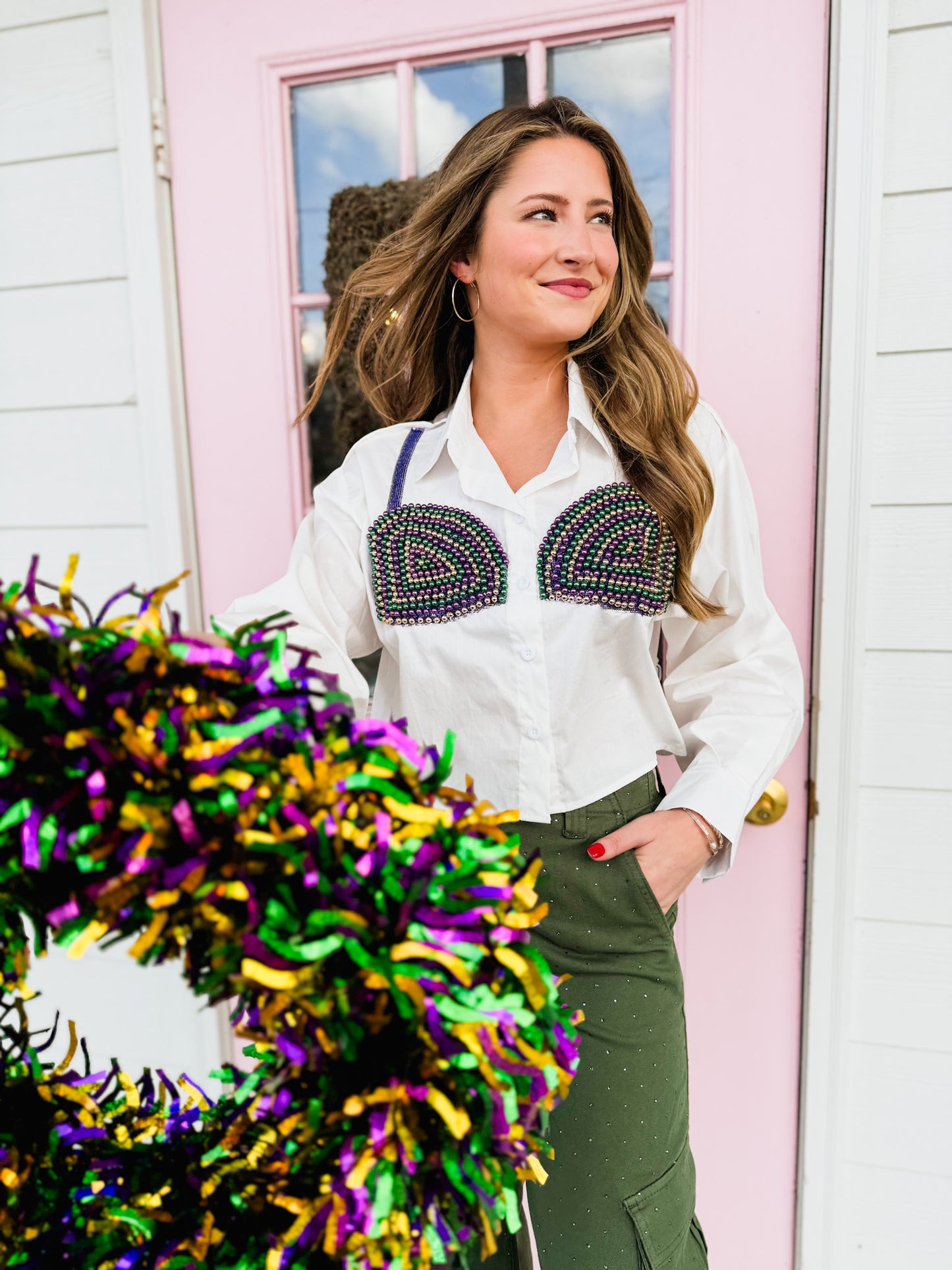 Queen Of Sparkles White Mardi Gras Beaded Bikini Button Up Top