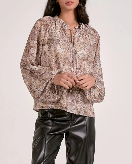 Elan Cassidy Long Sleeve Flowy Top - Natural Snake Skin