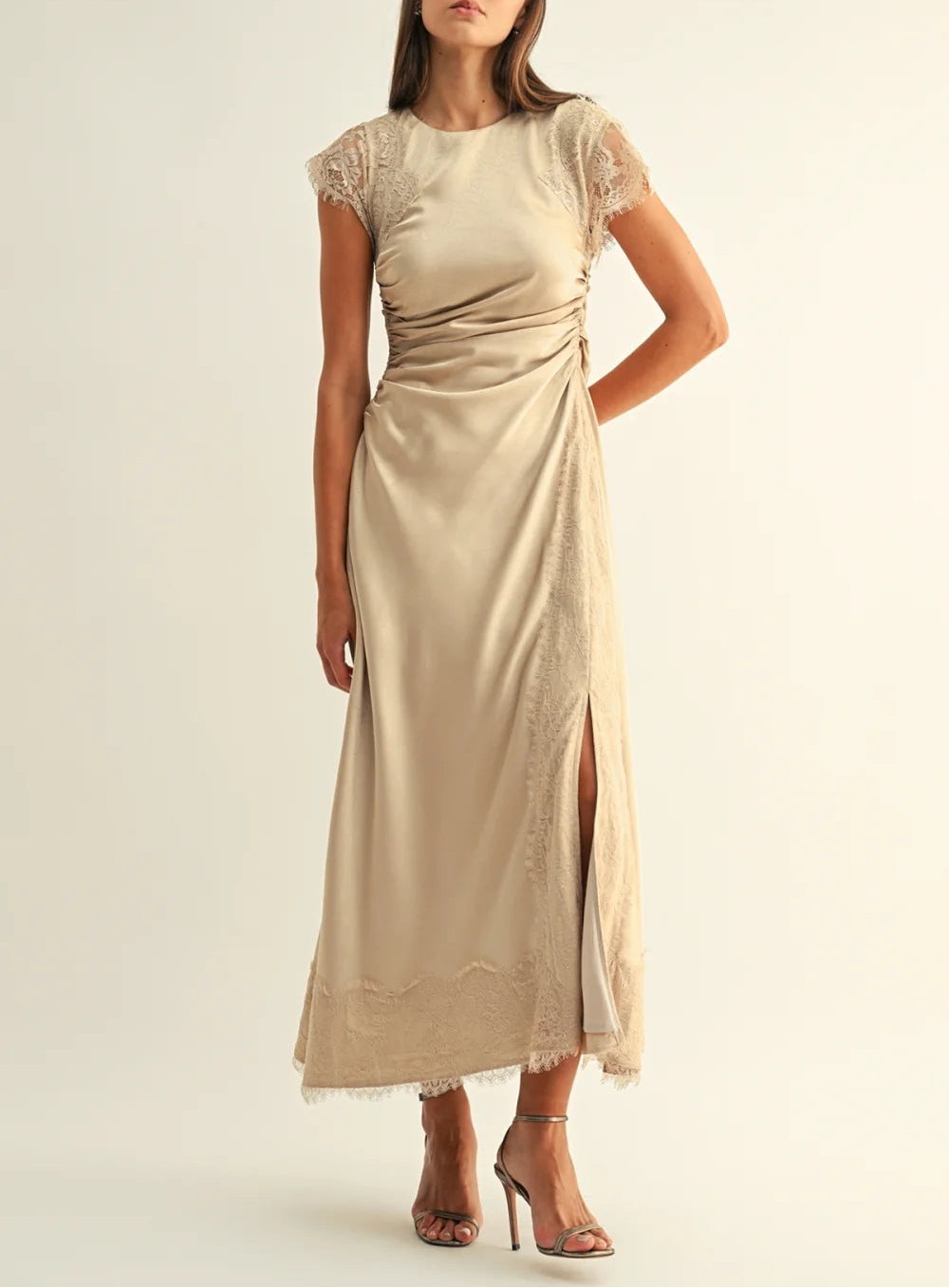 Camila Lace Contrast Rhinestone Satin Maxi Dress - Champagne