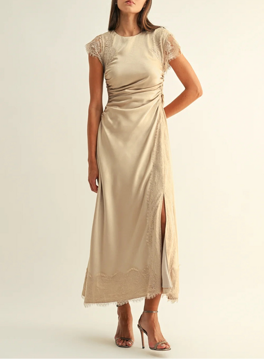 Camila Lace Contrast Rhinestone Satin Maxi Dress - Champagne