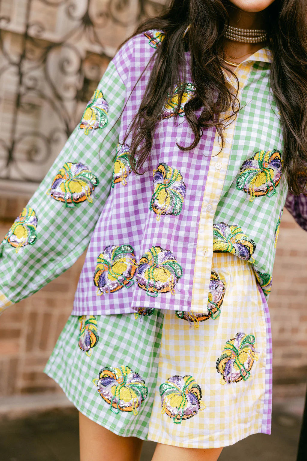 Queen Of Sparkles Colorblock Mardi Gras Gingham King Cake Button Up Top