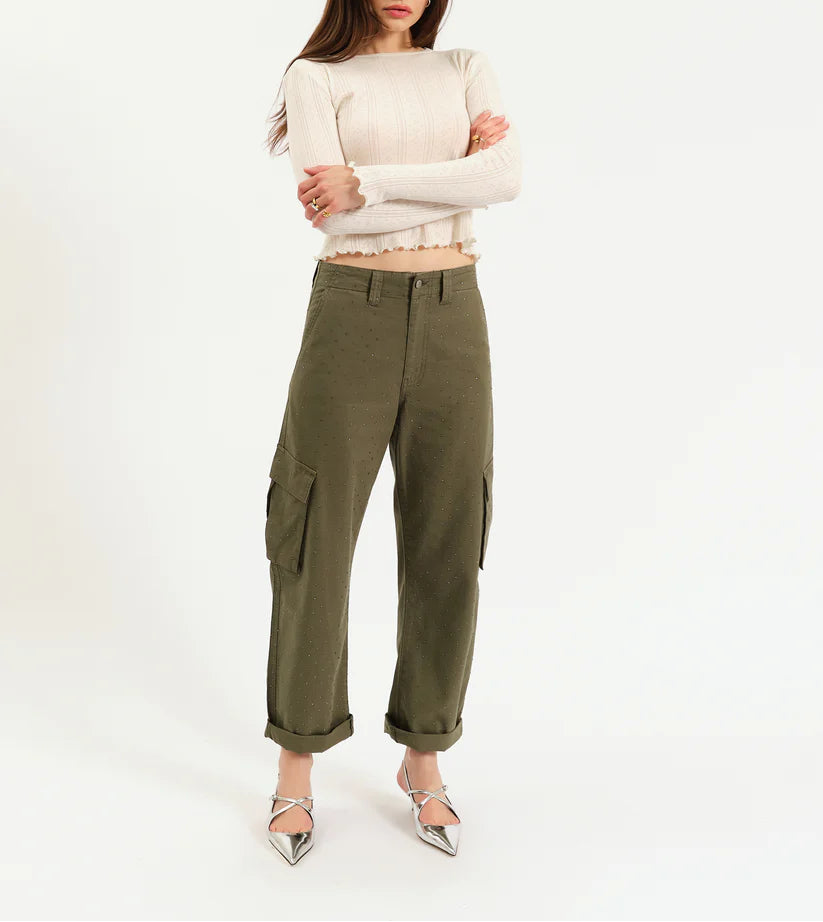 Daze The Squad Cargo Pants - Bronze Green Embellished