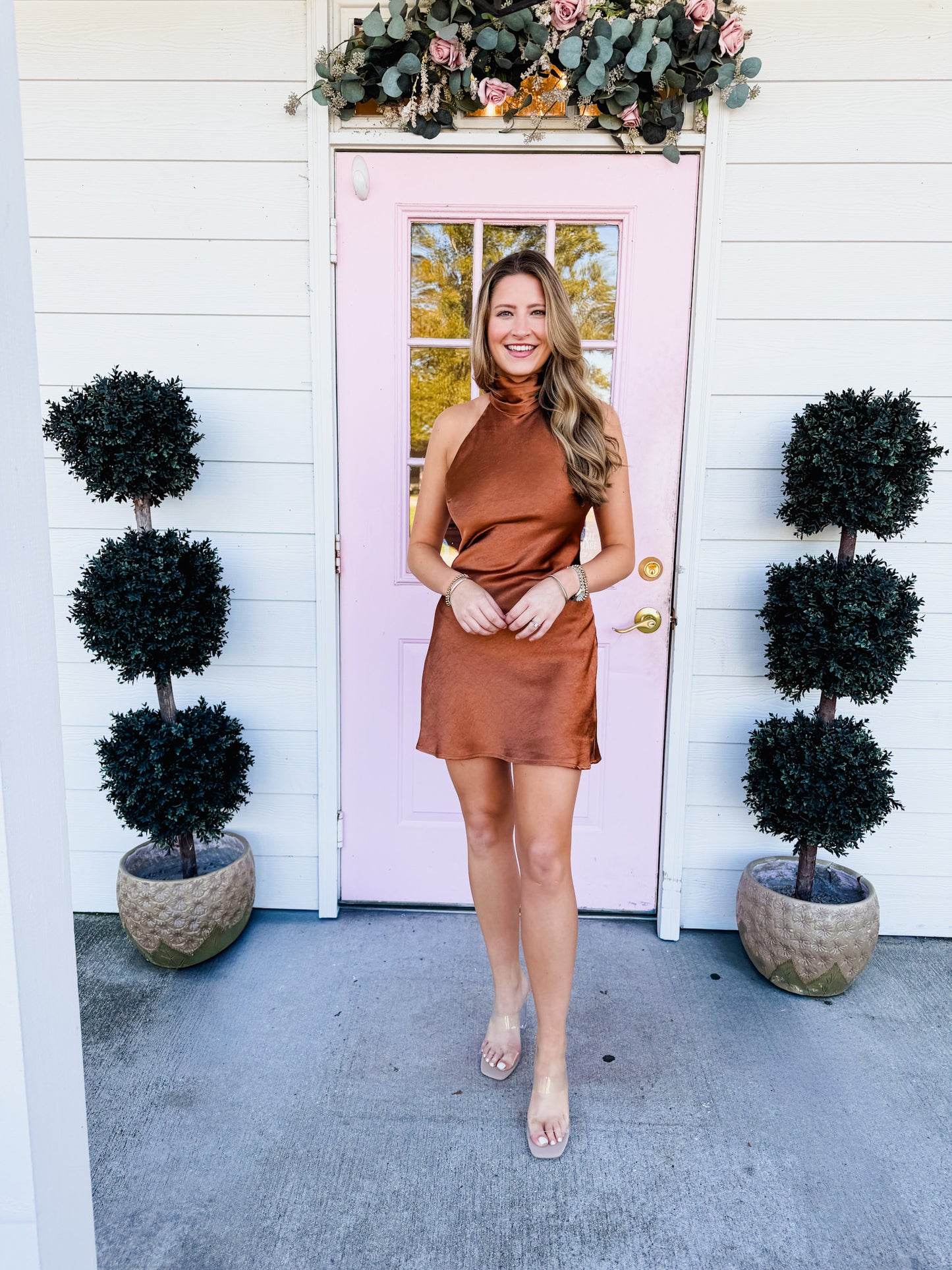 Sweet Deal Halter Neck Backless Satin Dress - Bronze