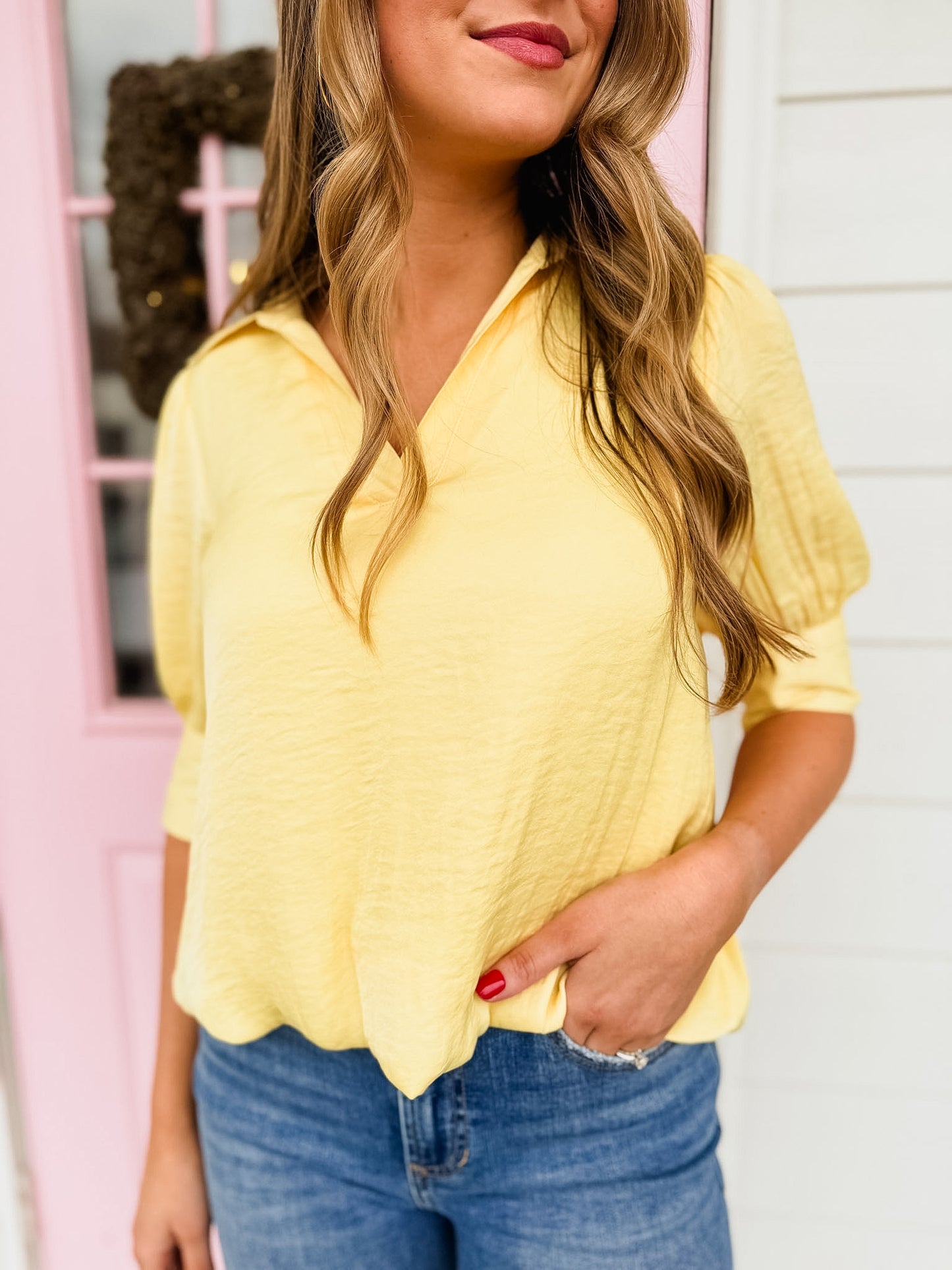 Don't Slip Half Sleeve Hi-lo Bubble Hem Blouse - Pale Banana