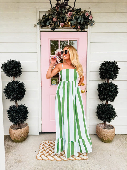 Take The Trip Striped Smocked Detail Maxi Dress - Green