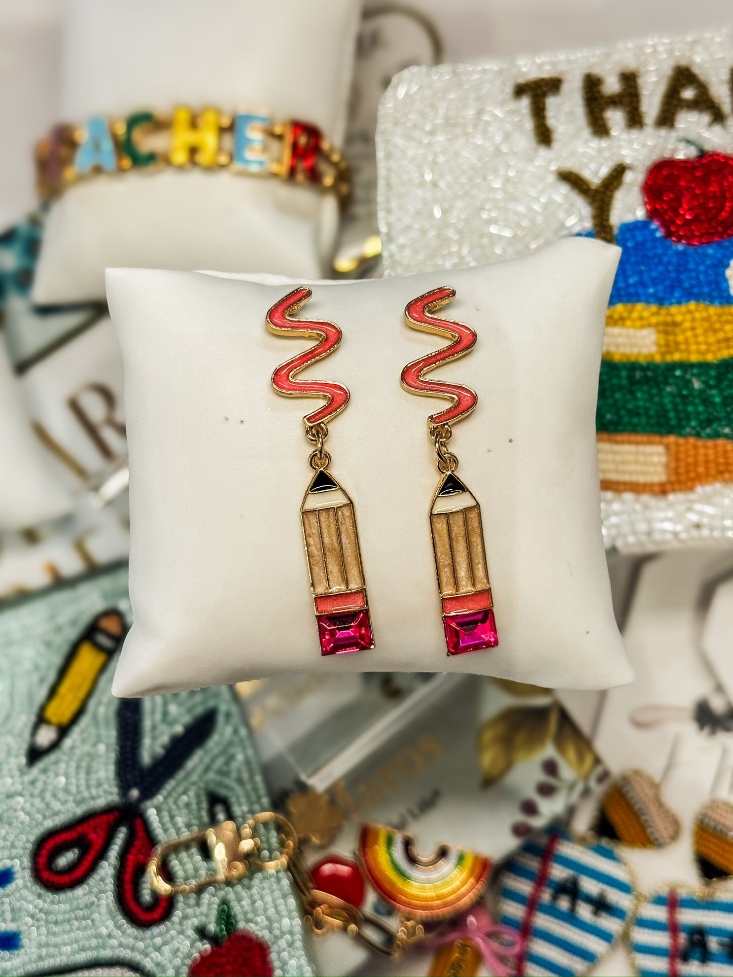 Enamel Scribble Pencil Dangle Earrings - Blush Pink