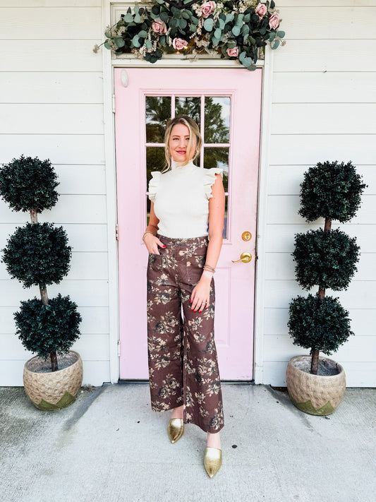 Fall Florals Mid-Rise Pants - Brown