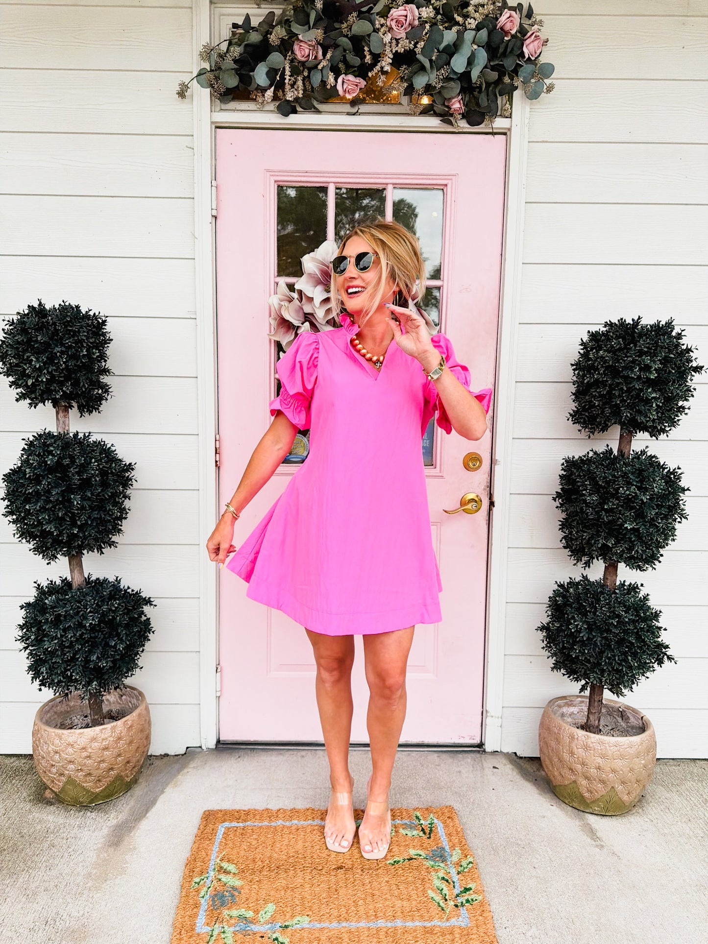Sweet Thing Ruffle V-Neck Puff Sleeve Dress - Hot Pink
