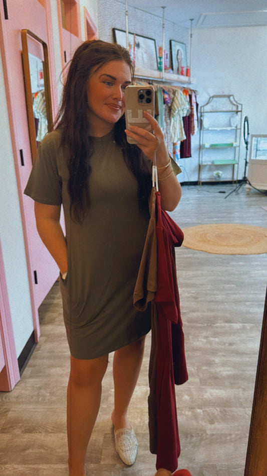 On The Go T-Shirt Dress with Pockets - Olive