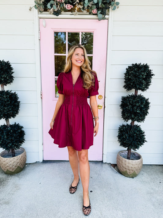 In A Hurry Smocked Waist Dress - Burgundy