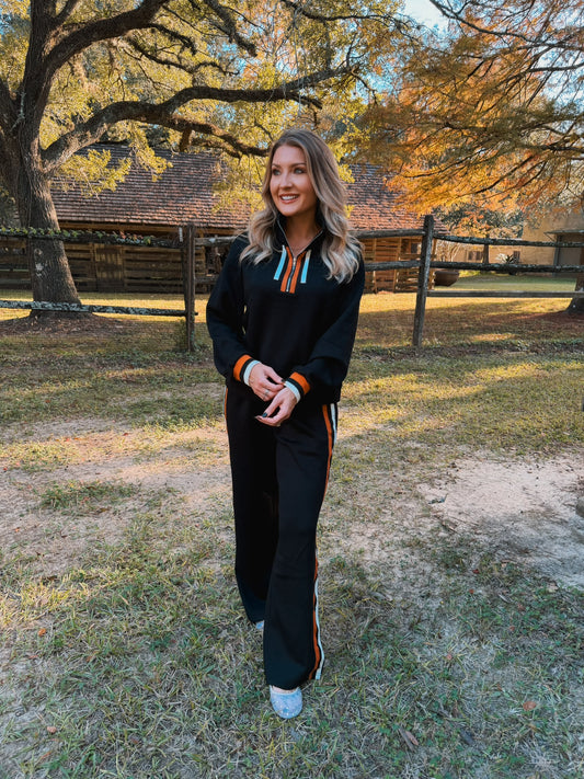 Striped Trim Quarter Zip Top and Pants Set - Black