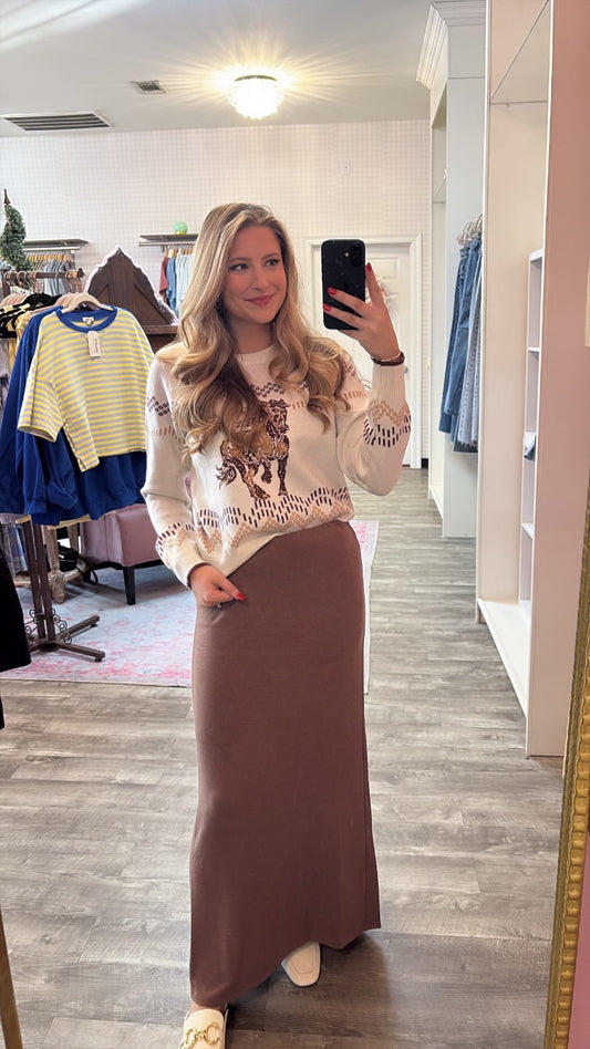 Ready To Run Horse Pattern Sweater - Ivory/Camel
