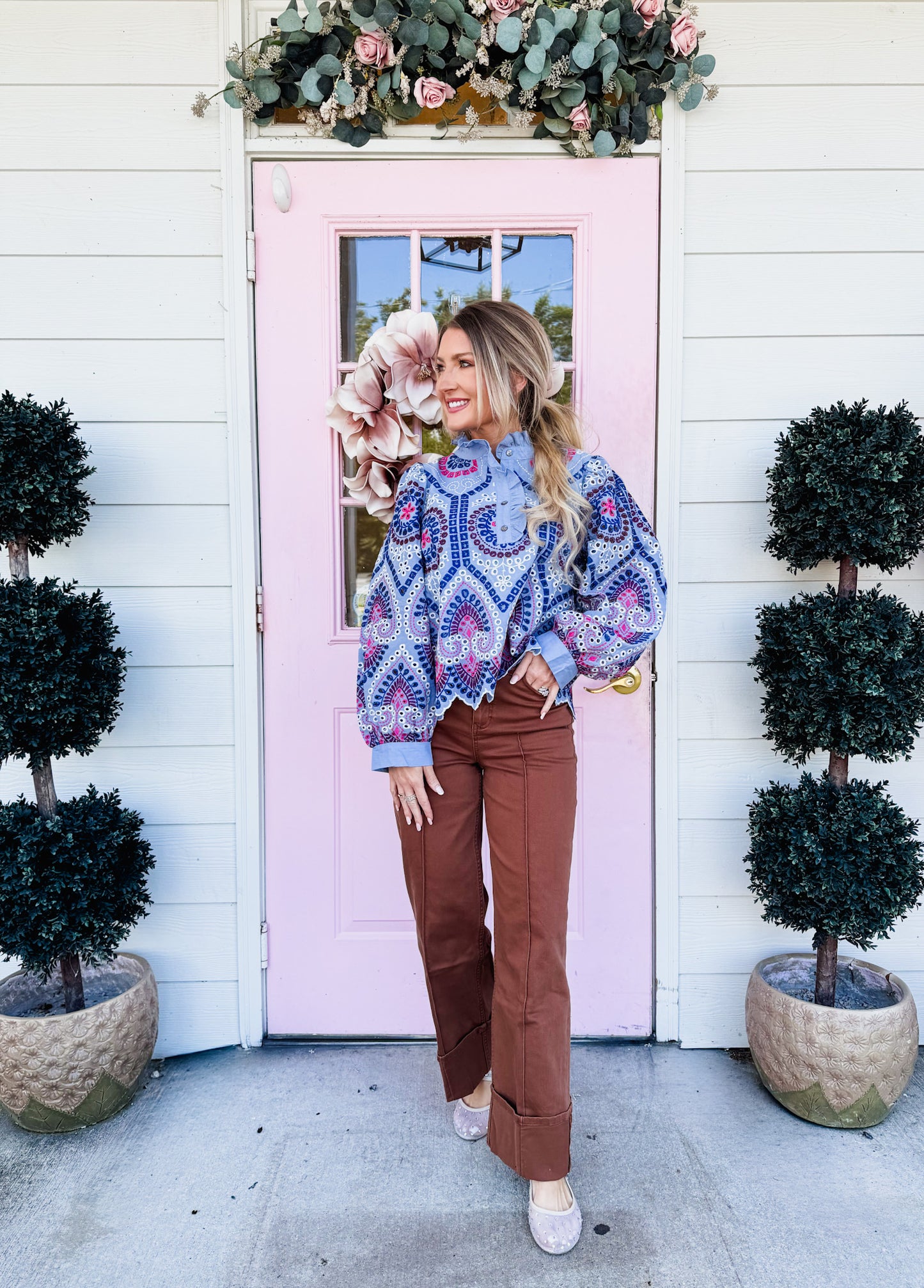 Put On Embroidered Eyelet Top - Chambray