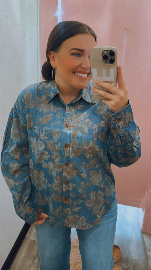 Slow Mornings Washed Printed Denim Top - Chambray
