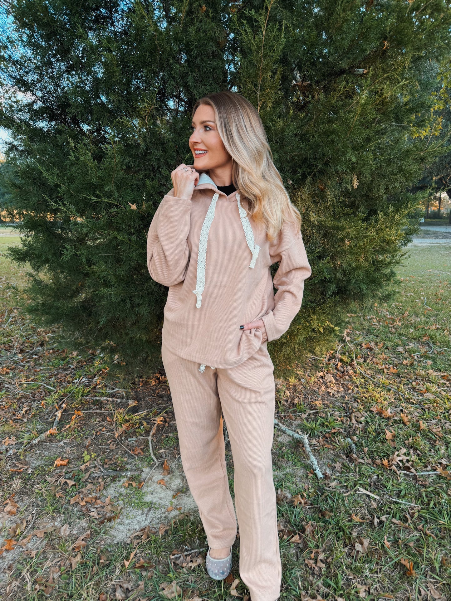 Lace Trim Ribbed Hoodie and Pants Set - Smoke Grey