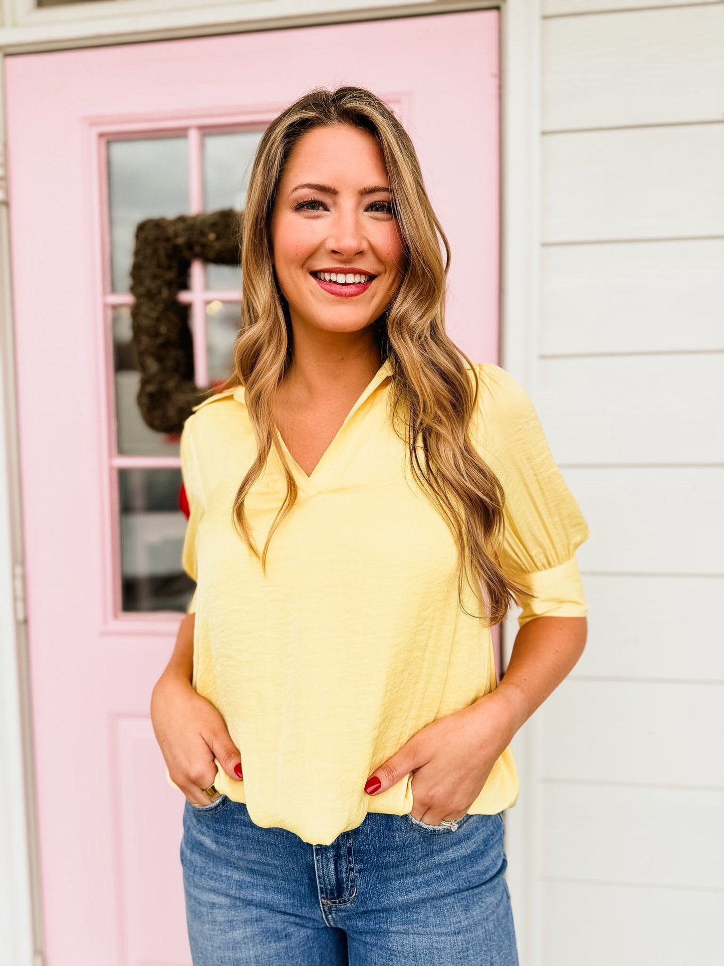 Don't Slip Half Sleeve Hi-lo Bubble Hem Blouse - Pale Banana
