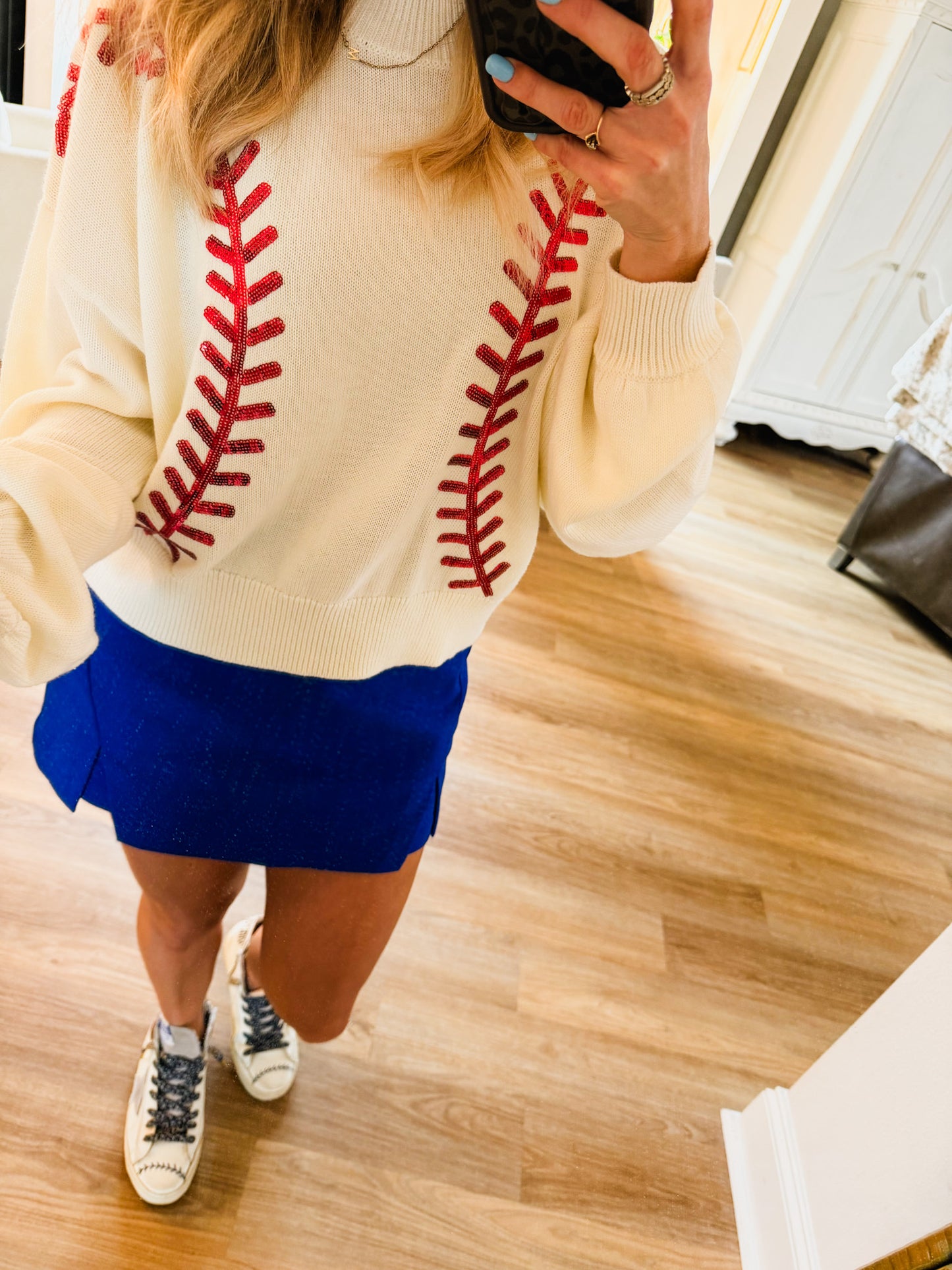 *PRE-ORDER* Sequin Baseball Seam Lightweight Sweater - White