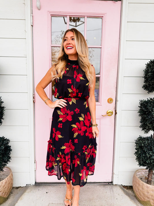 Gypset Glamour Mesh High Neck Midi Dress - Red Multi