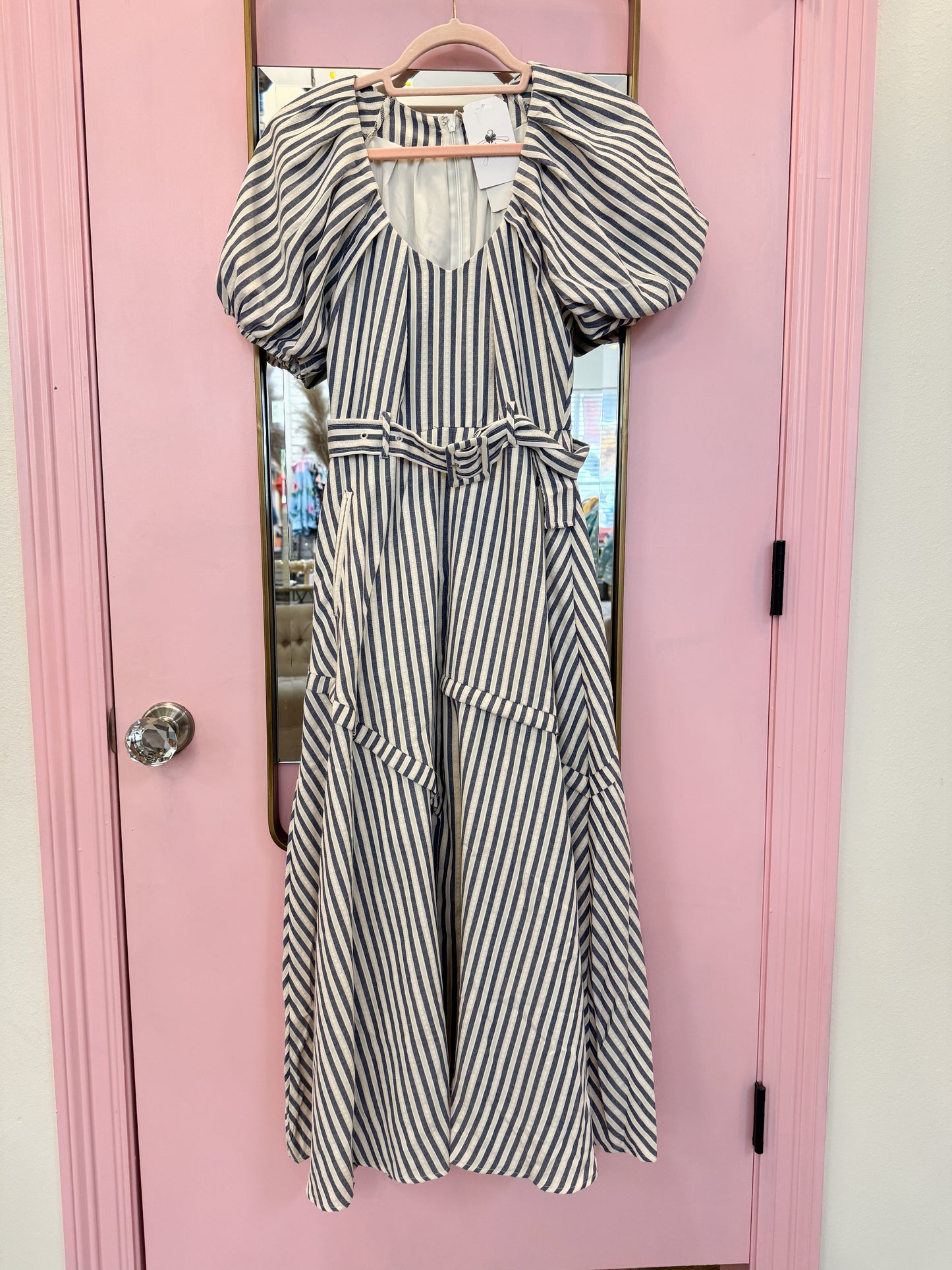 Good Day Belted Puff Sleeve Midi Dress - Navy Stripe