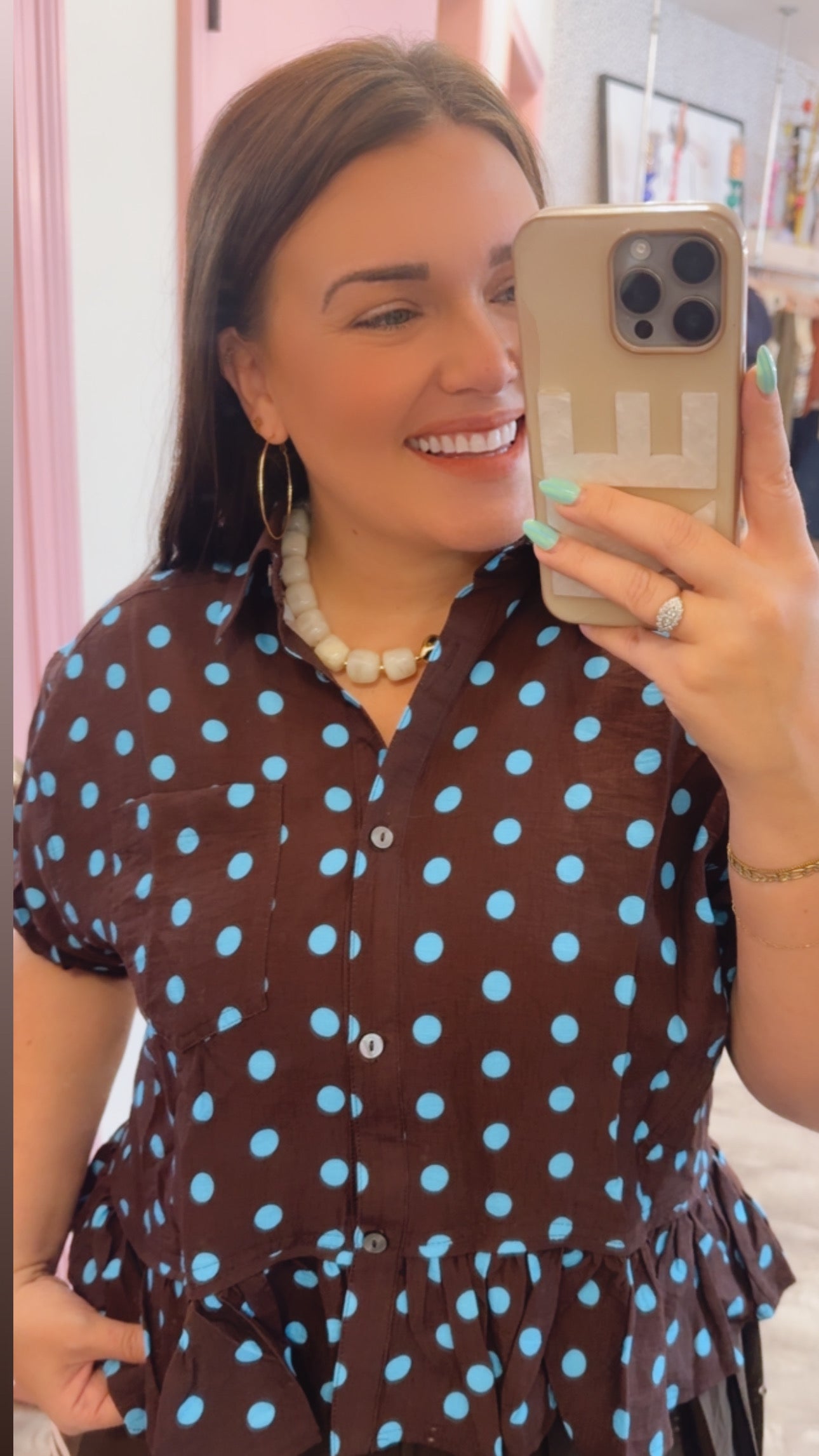 Turn Me Down Polka Dot Short Sleeve Button Up Top - Brown