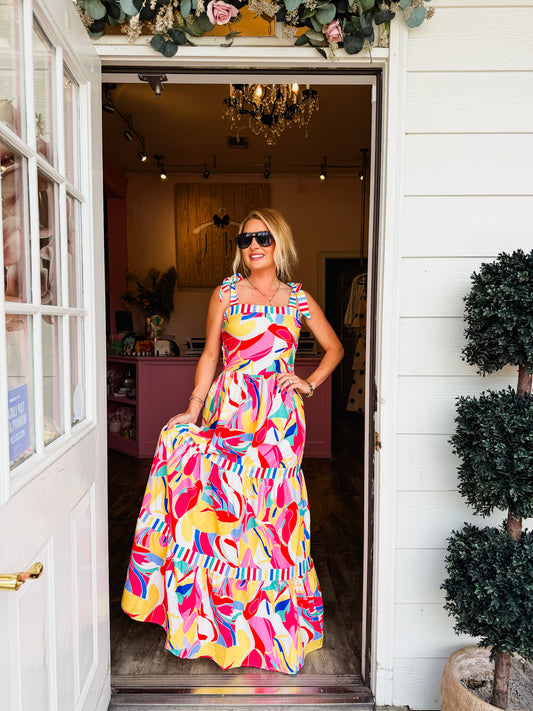 Abstract Print Striped Trim Maxi Dress - Multi