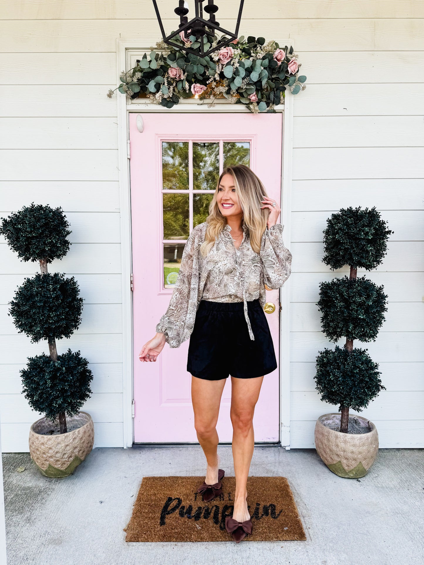 Elan Cassidy Long Sleeve Flowy Top - Natural Snake Skin