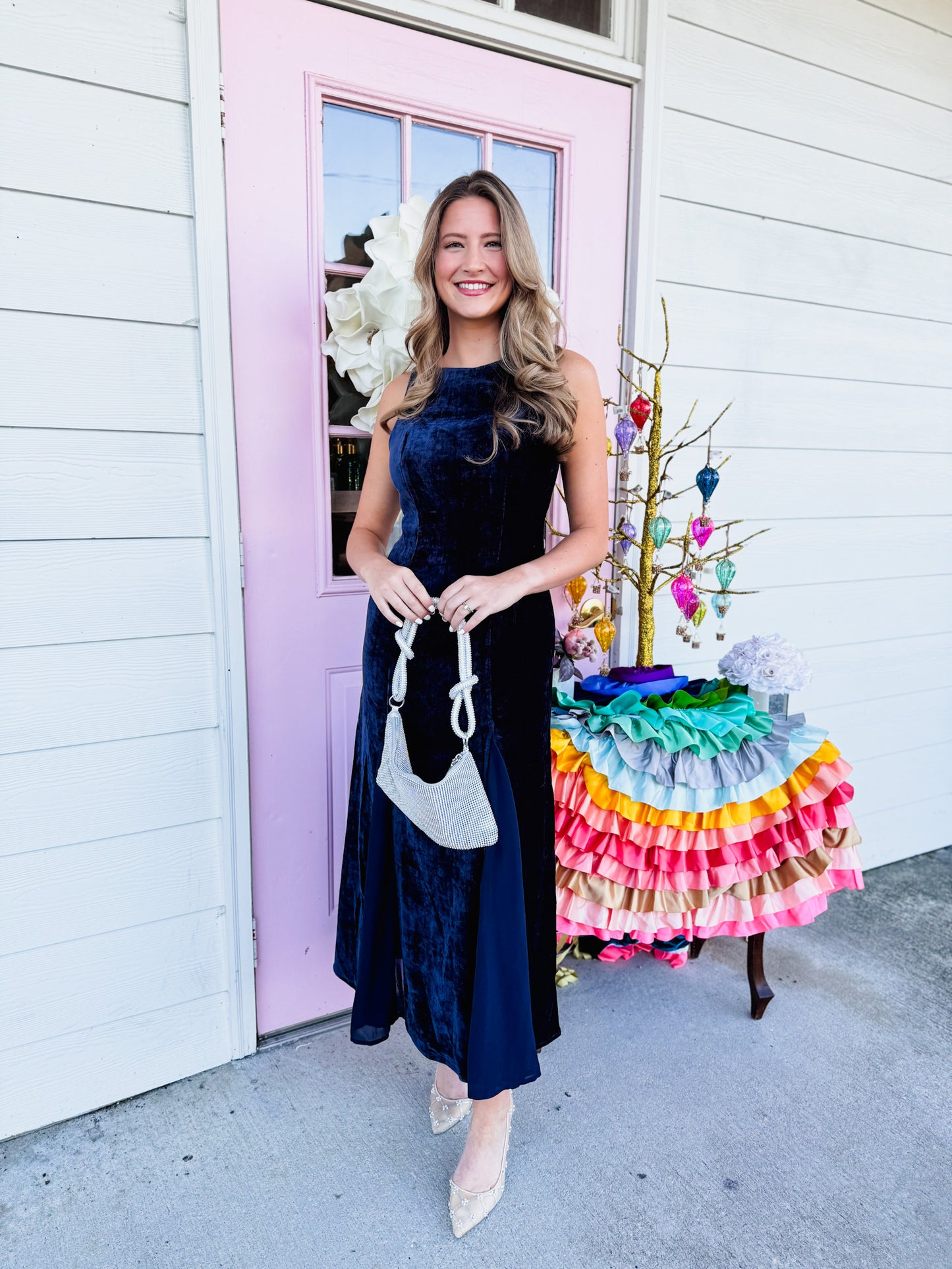 Velvet Avenue Chiffon Godet Maxi Dress - Midnight