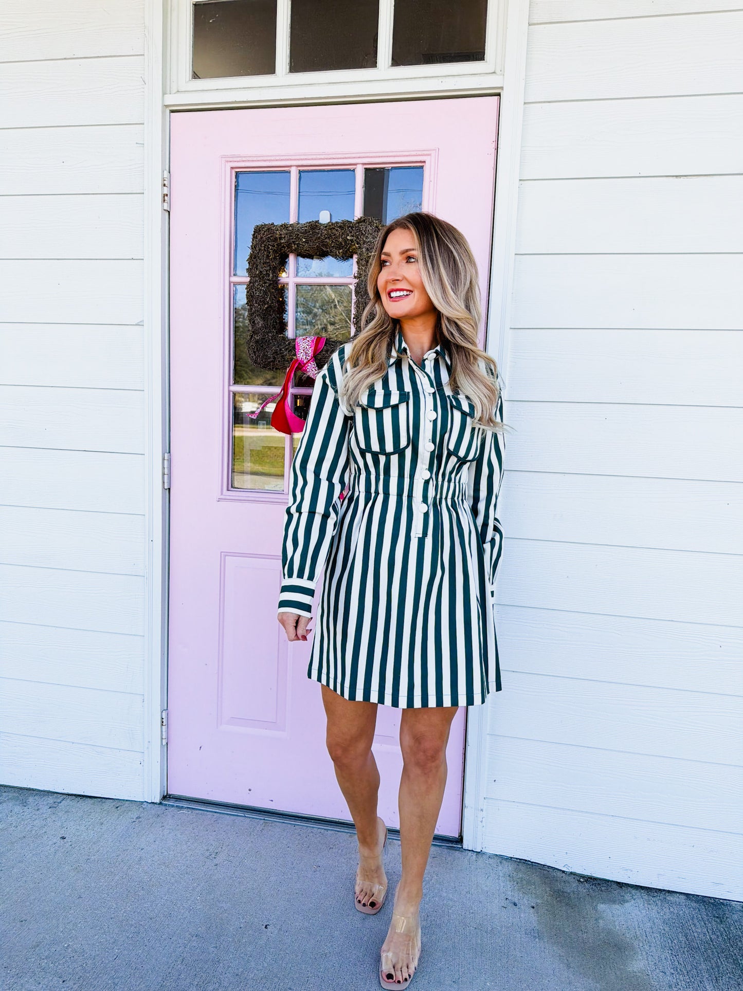 True Tailor Vertical Striped Elastic Waist Shirt Dress - Hunter Green