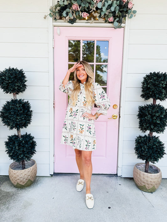 Picture Perfect Floral Puff Sleeve Dress - Ecru