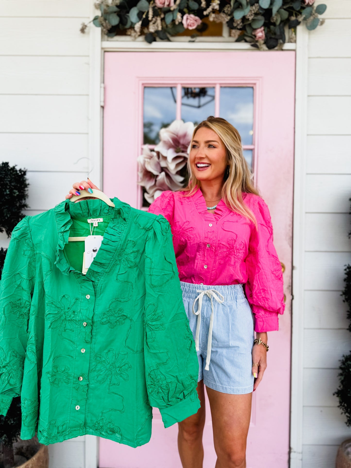Southern Charm Button Down 3D Floral Top - Kelly Green