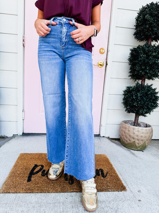 Risen Tummy Control High Rise Crop Wide Leg Jeans - Medium