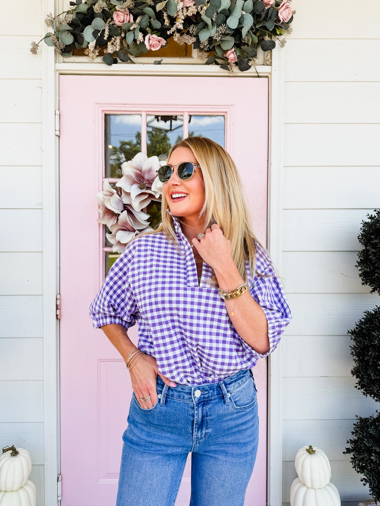 Catch Up Stand Collar Drop Shoulder Top - Purple Seer Gingham