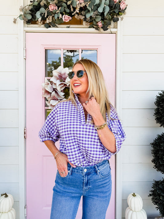 Catch Up Stand Collar Drop Shoulder Top - Purple Seer Gingham