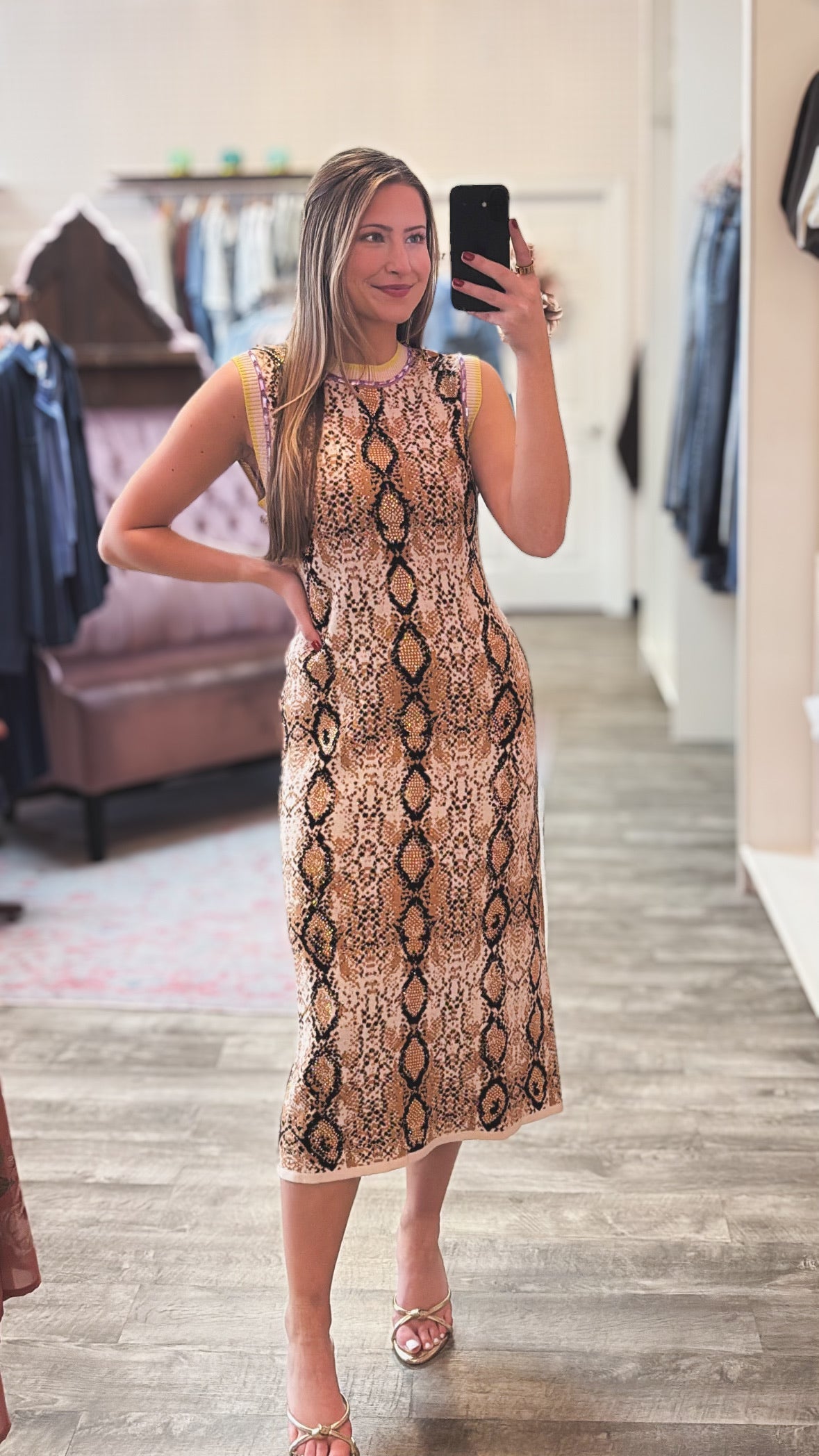 Queen of Sparkles Snake Print Rainbow Trim Knit Midi Dress