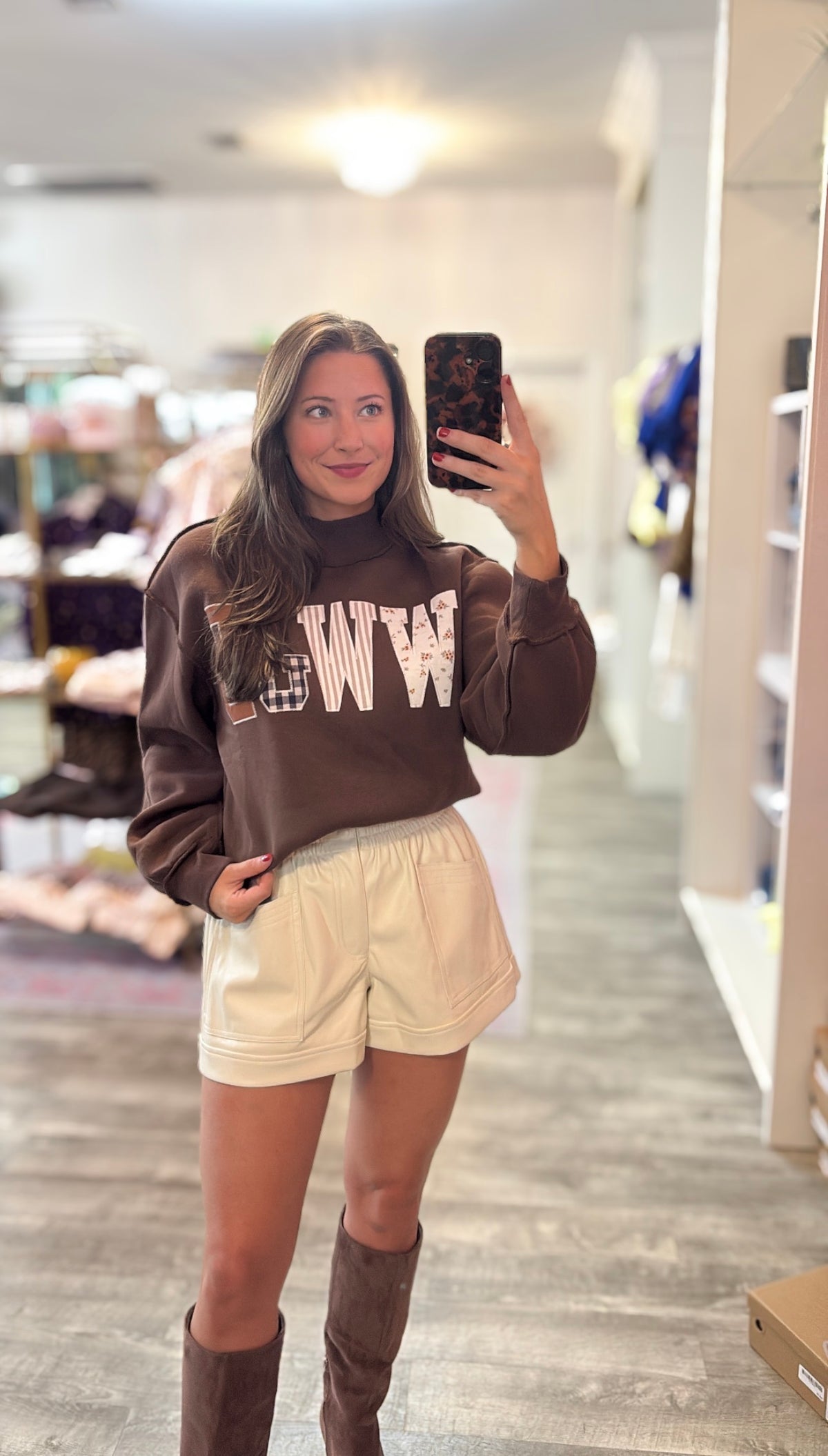 WWJD Mixed Pattern Embroidered Patch Graphic Mock Neck Sweatshirt - Coffee