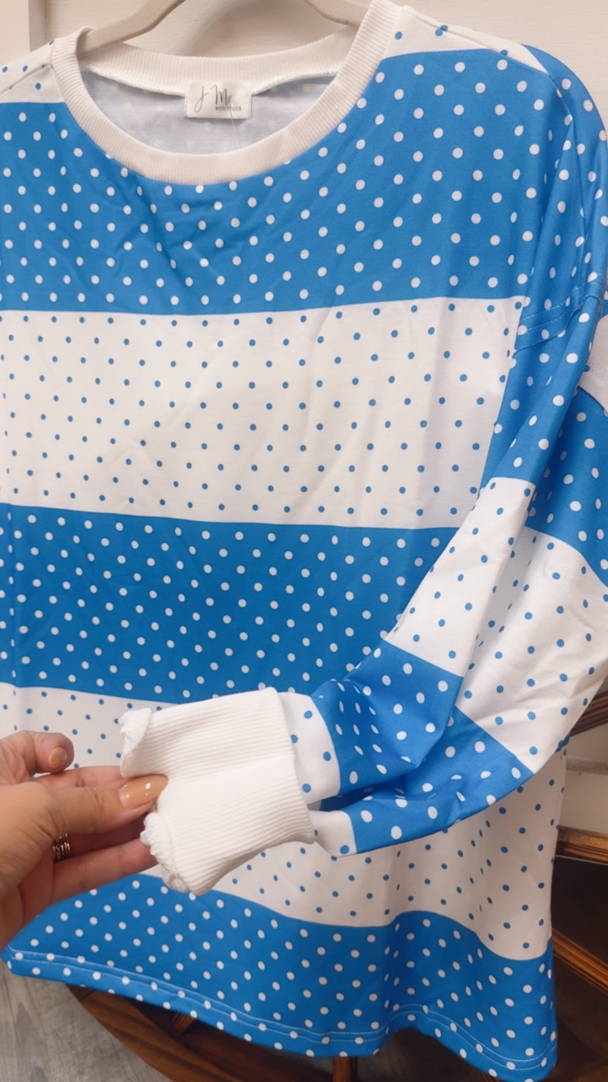 Polka Dot Patchwork Colorblock Long Sleeve Top - Blue