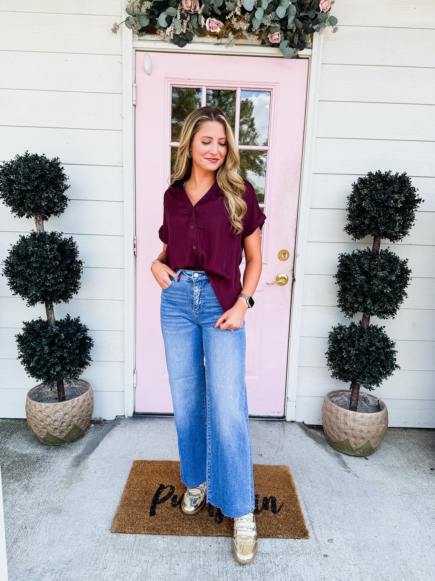 No Problem Button Up Short Sleeve Blouse - Wine