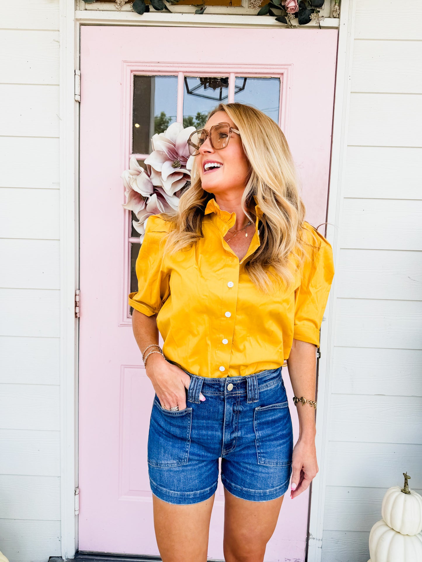 Coming At You Jodie Ruffle Collar Puff Sleeve Top - Gold