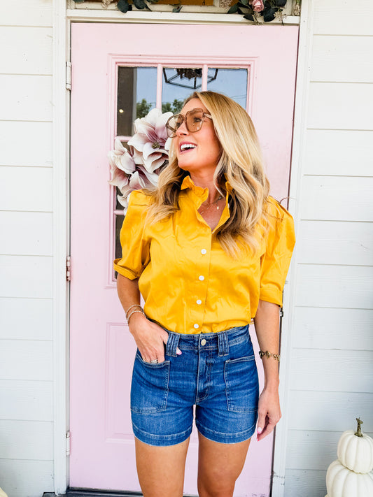 Coming At You Jodie Ruffle Collar Puff Sleeve Top - Gold