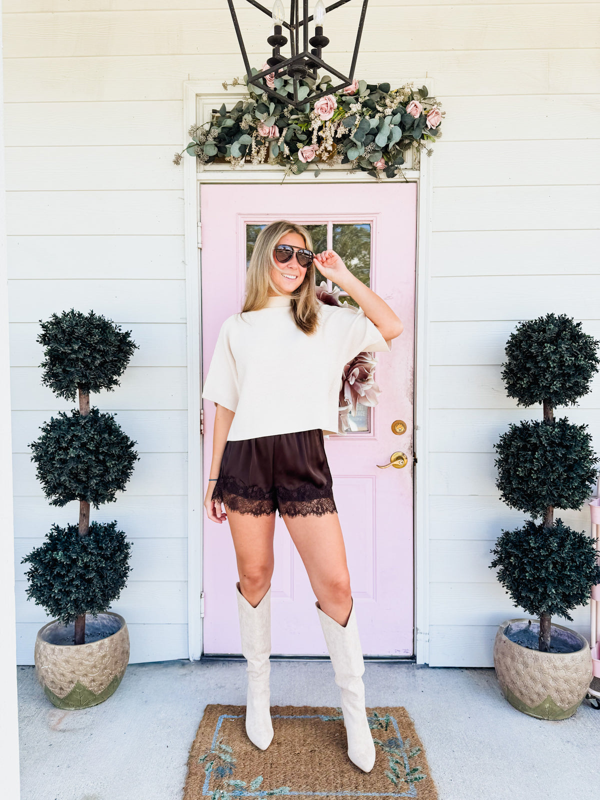 On Repeat Waistband Lace Trim Hem Satin Shorts - Dark Brown
