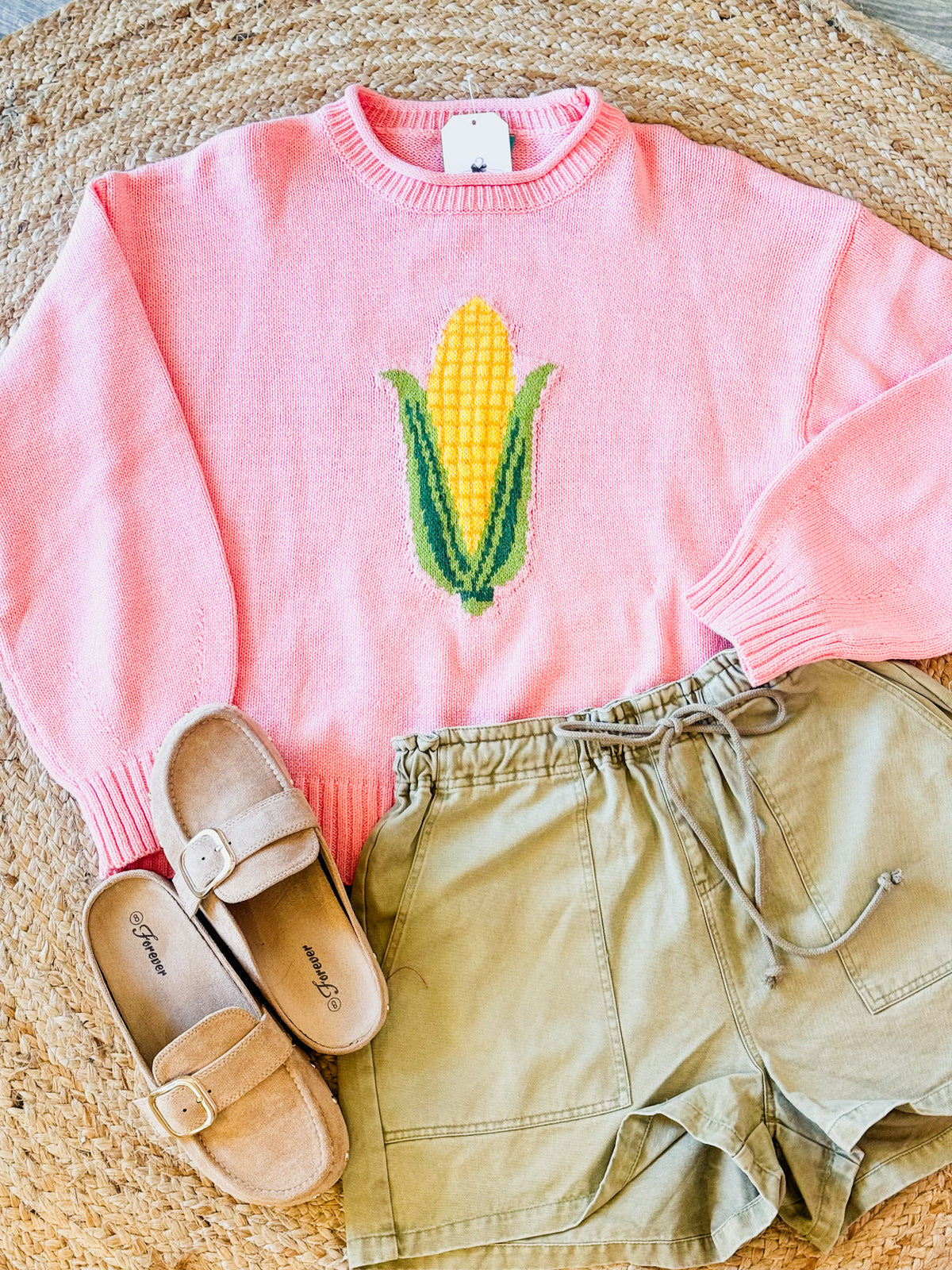 Corn Motif Pullover Sweater – Rose
