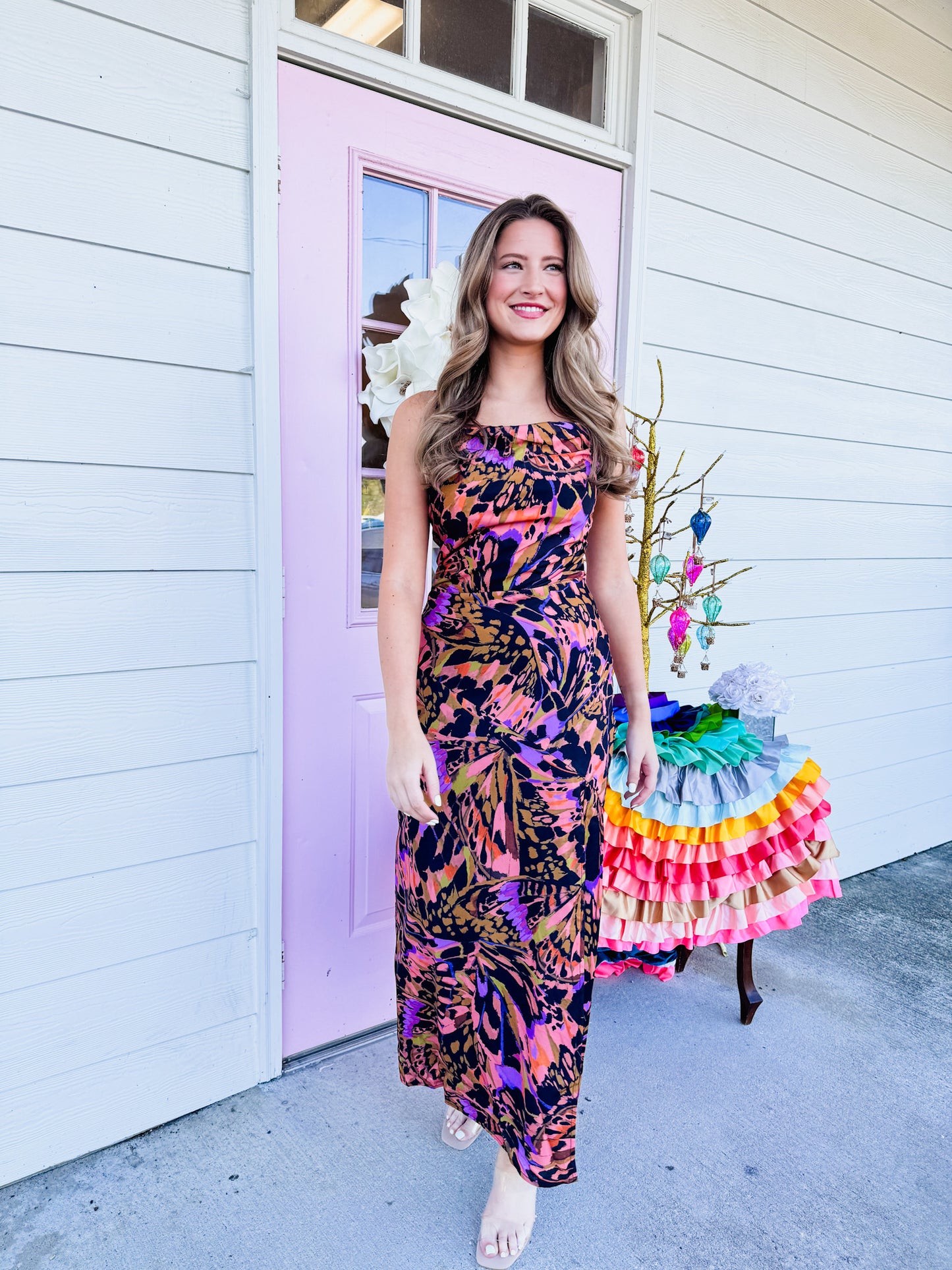 Butterfly Kiss High Slit Bias Maxi Slip Dress - Multi