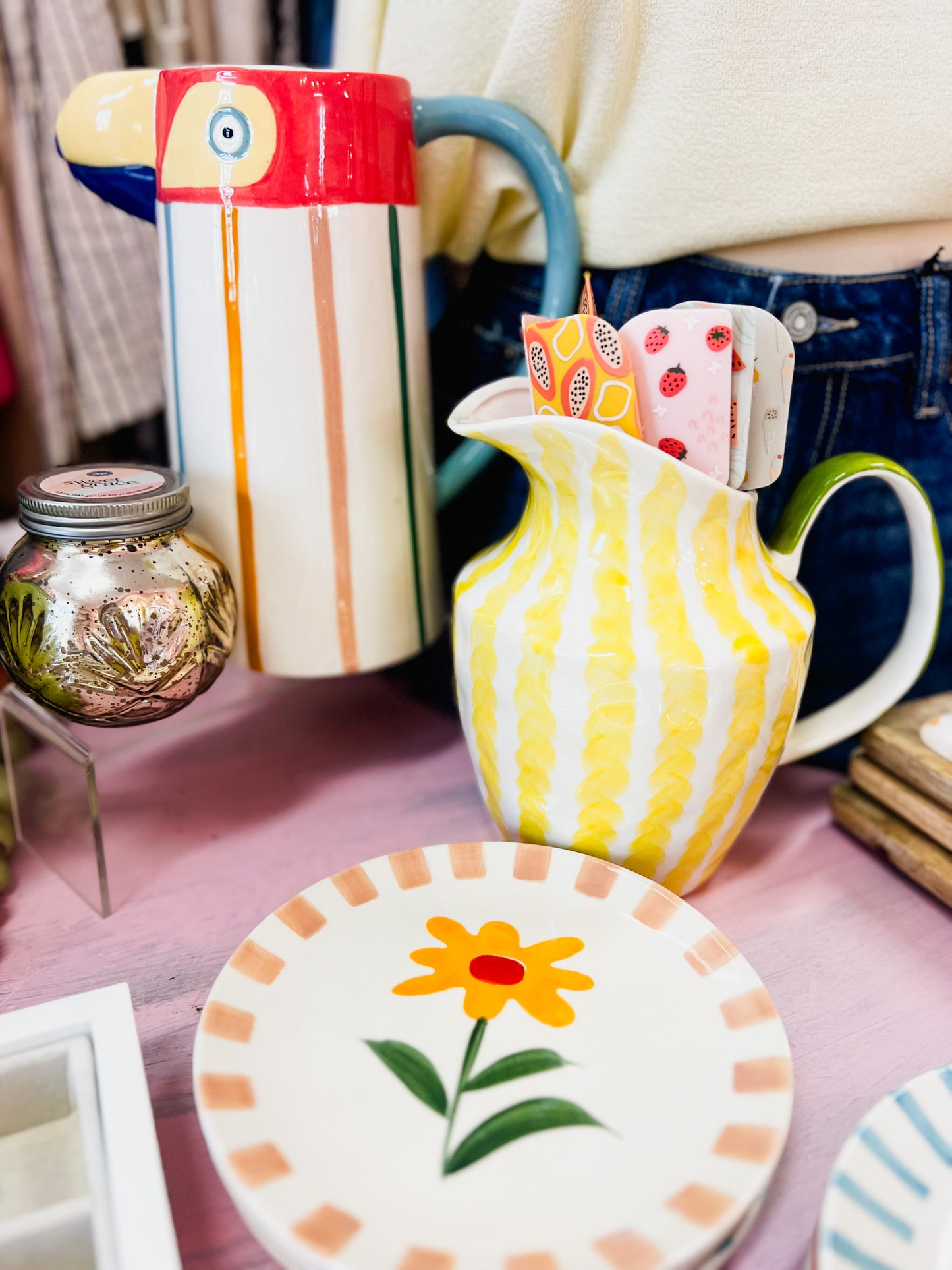 Stoneware Pitcher with Yellow Stripes