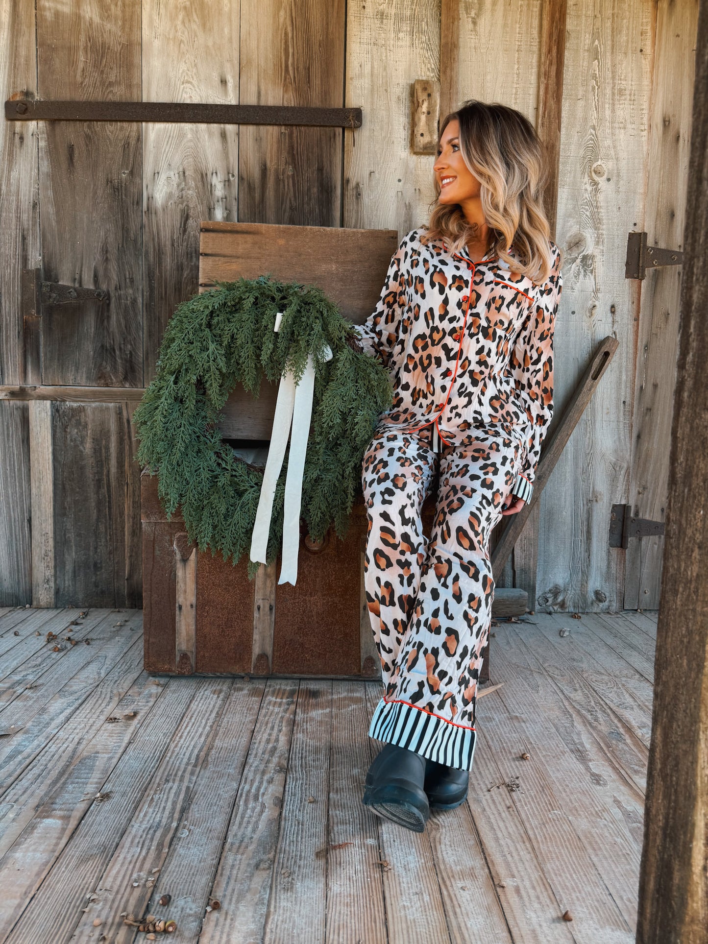 Leopard Print Colorblock Striped Pajama Pants Set - Khaki