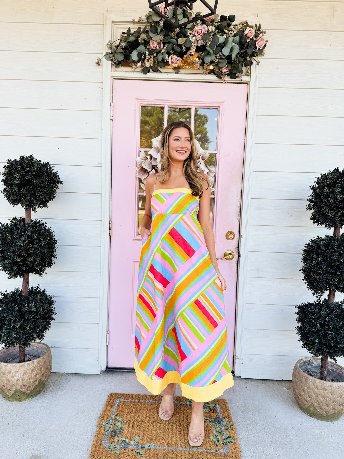 Pinky Promise Vibrant Geometric Stripe Contrast Midi Dress - Sand Multi