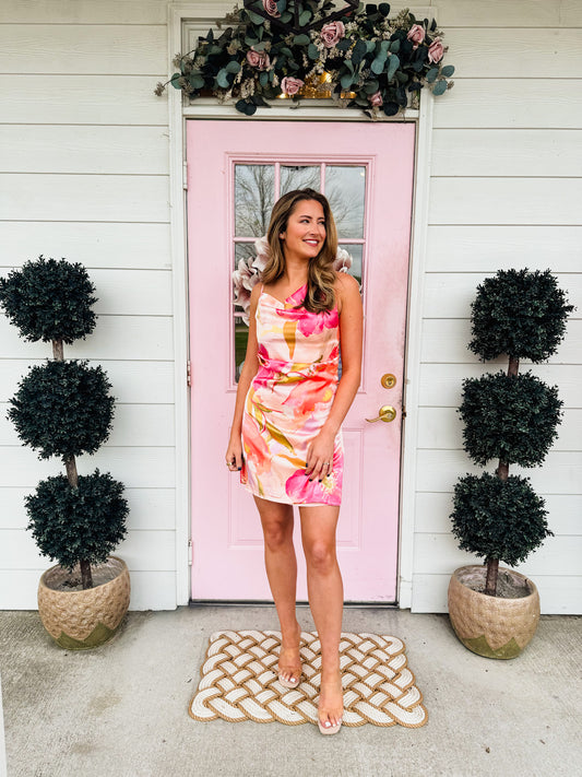 Spring Days Floral Asymmetrical Shoulder Mini Dress - Pink